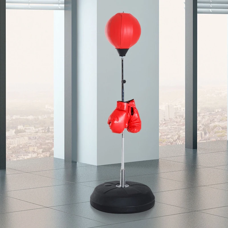 HOMCOM Sac de Frappe sur Pied Punching ball sur pied réglable en hauteur 126-144 cm avec gants, pompe et base de lestage pour adolescents et débutants rouge