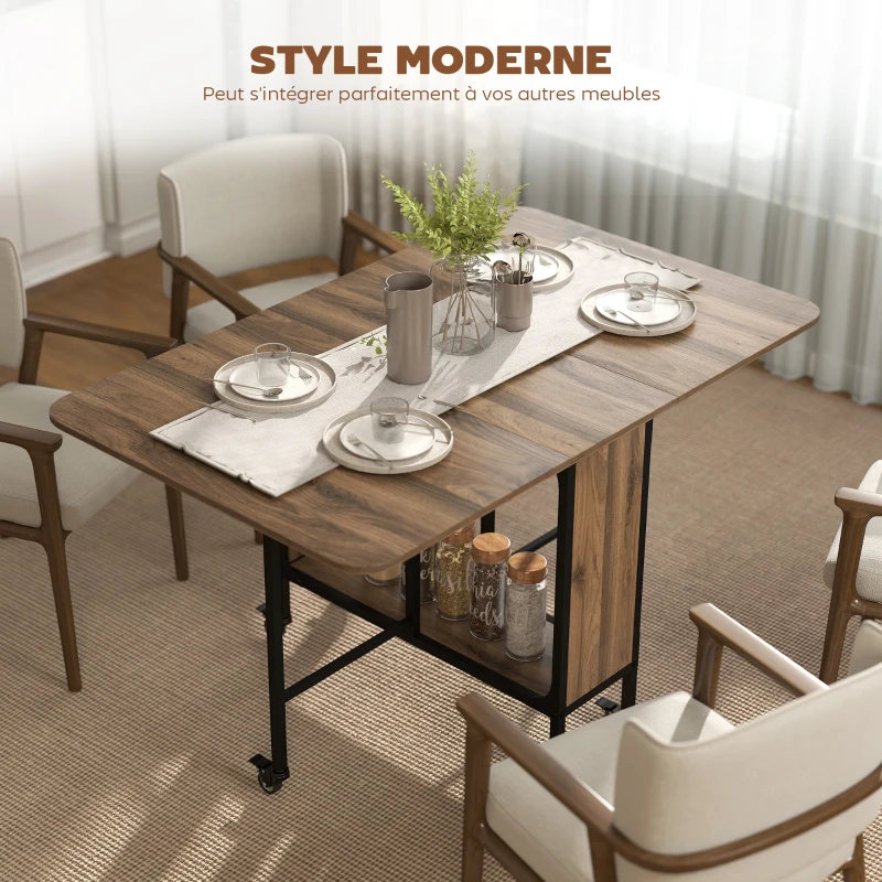 HOMCOM Table à manger pliante sur roulettes, table de cuisine pour 6 personnes avec étagère intégrée, 130 x 80 x 74 cm, marron