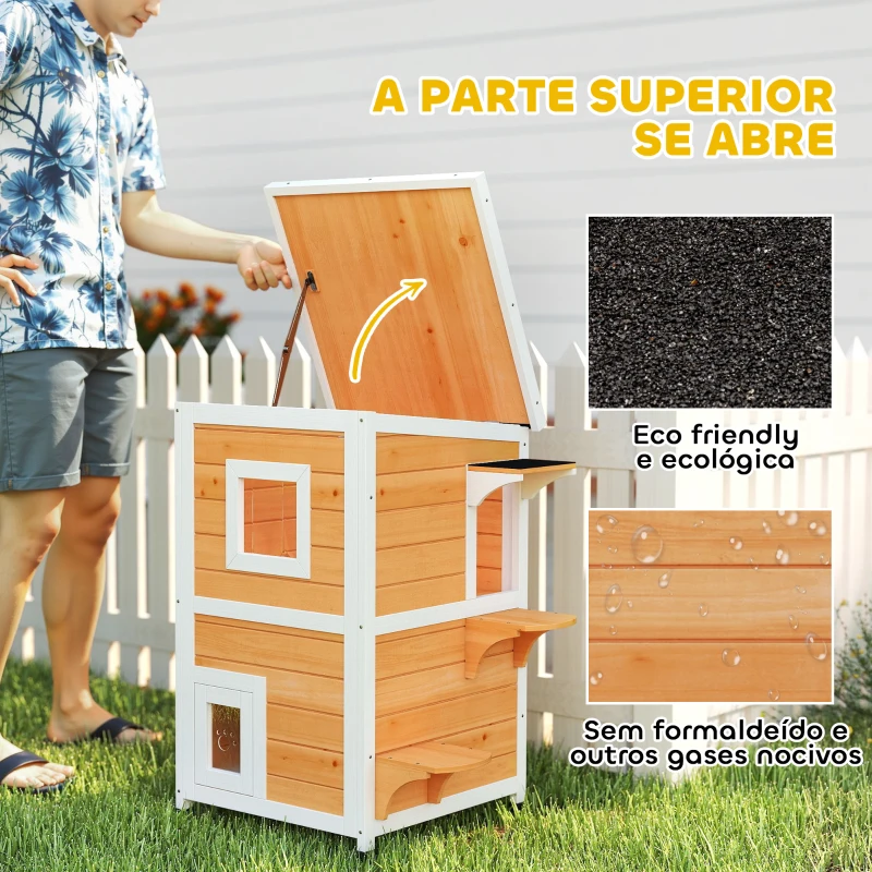 PawHut Casa para Gatos Exterior em Madeira 2 Níveis com Telhado Basculante Painel Central Removível  51x51x81,3 cm Madeira