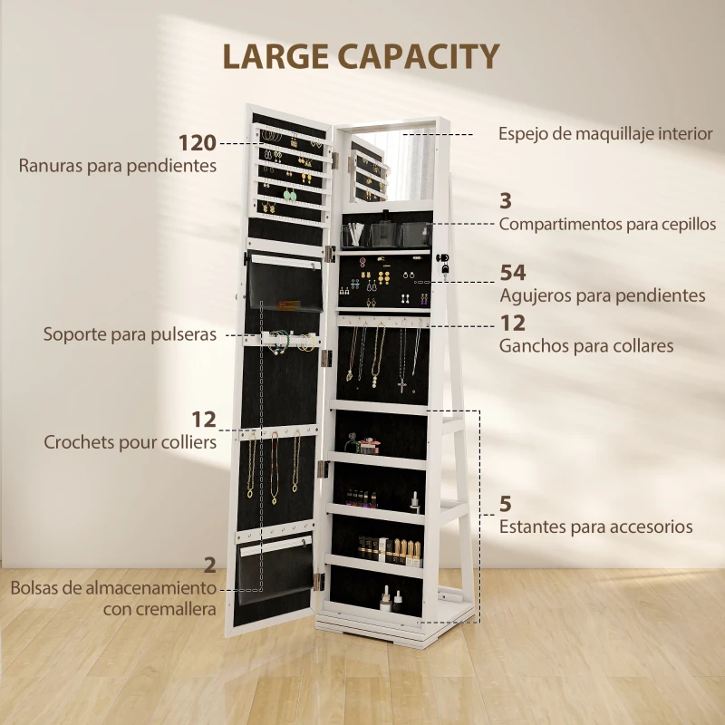 HOMCOM Espejo Joyero Giratorio 360° Organizador de Joyas con Cerradura y Espejo Pequeño Incorporado 38x38x160 cm Blanco Veteado