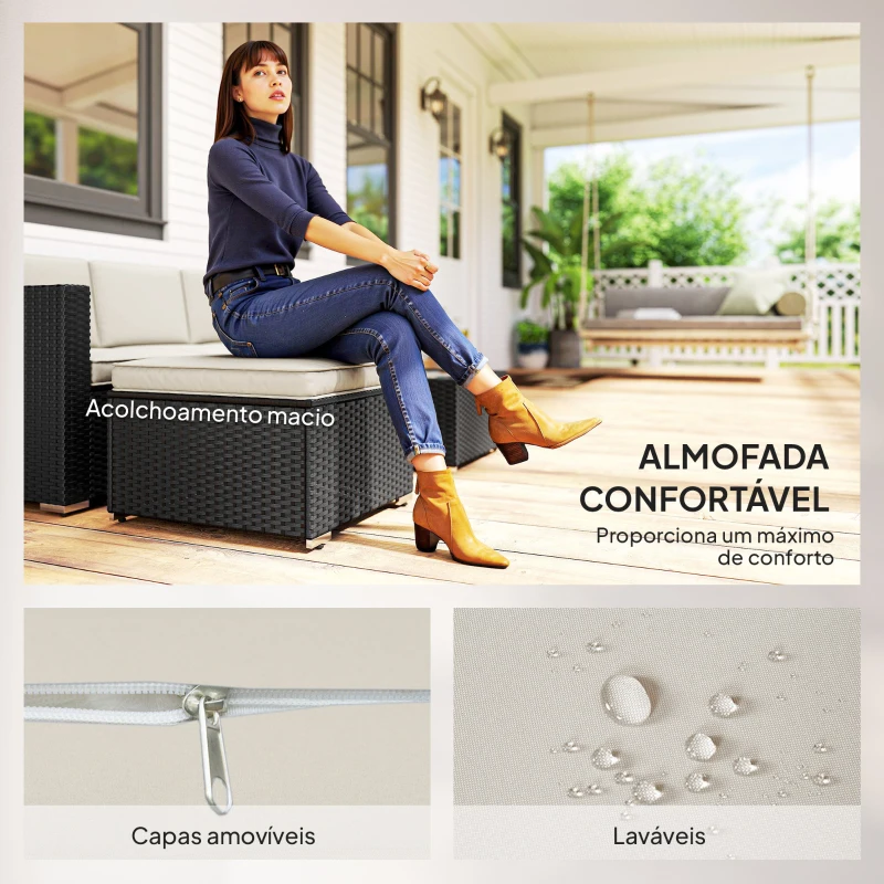 Outsunny Conjunto de Móveis de Vime de Jardim 3 Peças Sofá de 3 Lugares com Almofadas e Mesa de Centro com Bancada de Vidro Preto e Bege