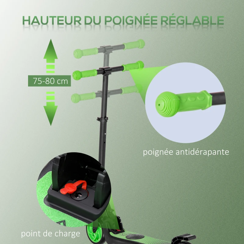 HOMCOM Trottinette électrique enfants 6 ans + pliable scooter électrique vitesse 8 km/h 71x36,5x75-80cm, aluminium, acier, vert(m-7)