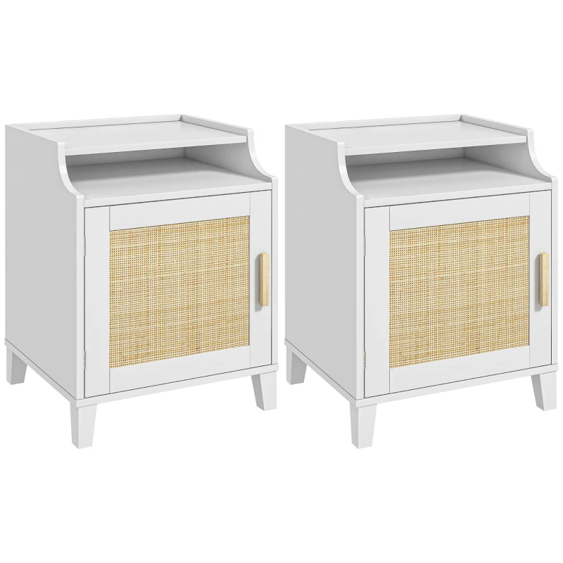 HOMCOM Lot de 2 tables de chevet table de nuit avec placard porte rotin tissé + niche design bohème naturel blanc