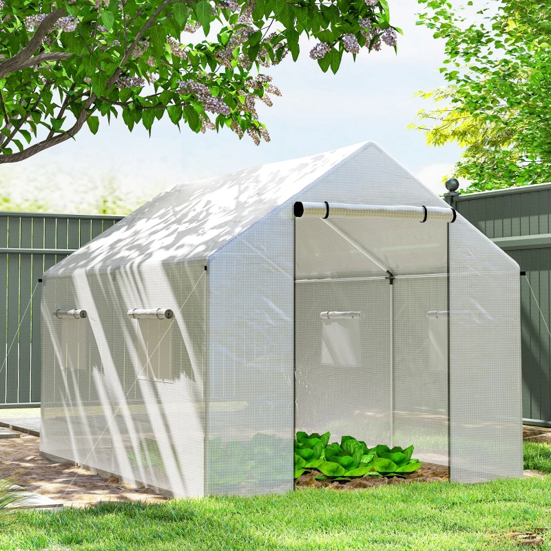 Outsunny Serre de jardin tunnel 2 x 3m, 6m² avec porte enroulable, 4 fenêtres, - Acier galvanisé PE Haute densité Blanc