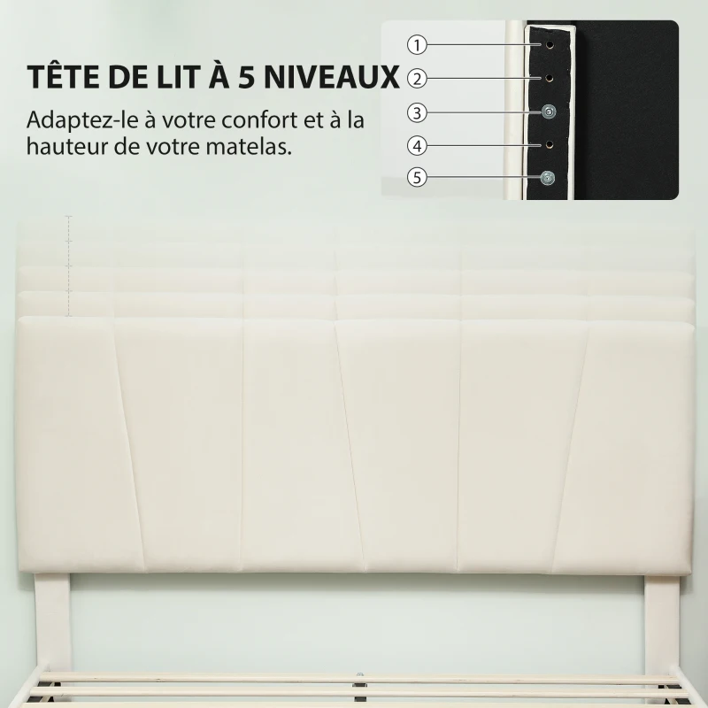 HOMCOM Cadre de lit double 140 x 190 cm lit 2 personnes tête de lit réglable sommier 150 x 198 x 101/106/111/116/121 cm crème