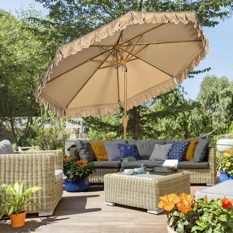 Outsunny Parasol inclinable rond Ø 264 cm avec volants tissu polyester haute densité anti-UV mât démontable 8 baleines - kaki
