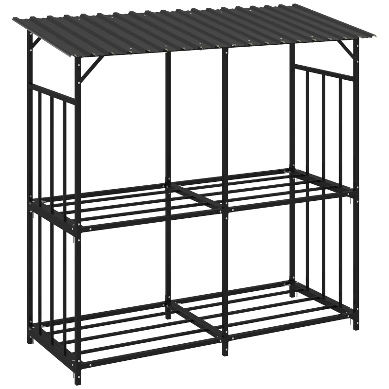 Outsunny Abri à bois en acier galvanisé à 2 niveaux, rack de rangement pour bûches avec toit métal, 186 x 75 x 185 cm
