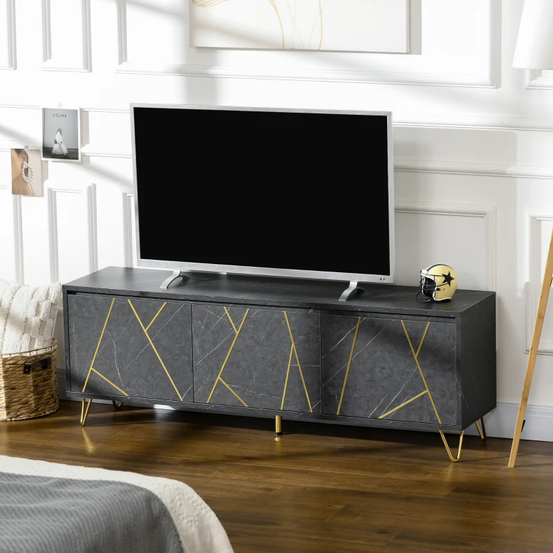 HOMCOM Meuble TV banc TV jusqu'à 65 pouces texture longueur 147 cm effet marbre 2 placards 3 portes à amortissement étagères réglables passe-câbles charge 100 Kg - 147 x 35 x 52 cm - pied en métal