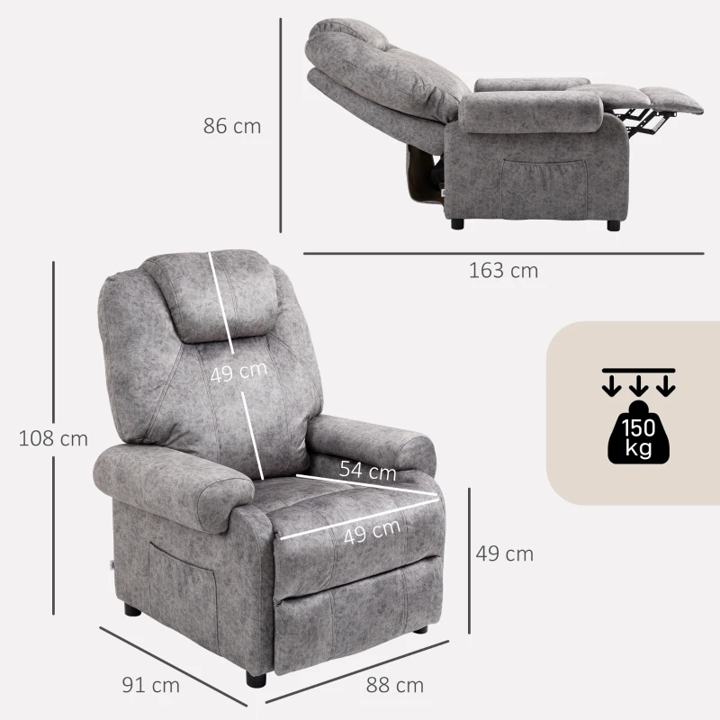 HOMCOM Poltrona Relax Reclinabile Manualmente in Tessuto con Imbottitura Extra, Grigio
