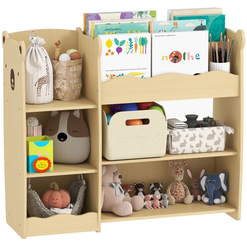 AIYAPLAY Estantería organizadora de juguetes para niños 3-8 años con 5 repisas abiertas y 2 compartimentos, en Madera, 92x29x79 cm, color Madera