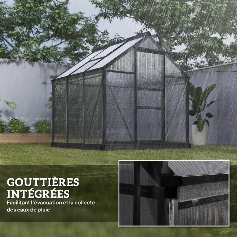 Outsunny Serre de jardin polycarbonate 3,65m² 190 x 192 x 201 cm résistant aux UV fondation renforcé gouttière Gris