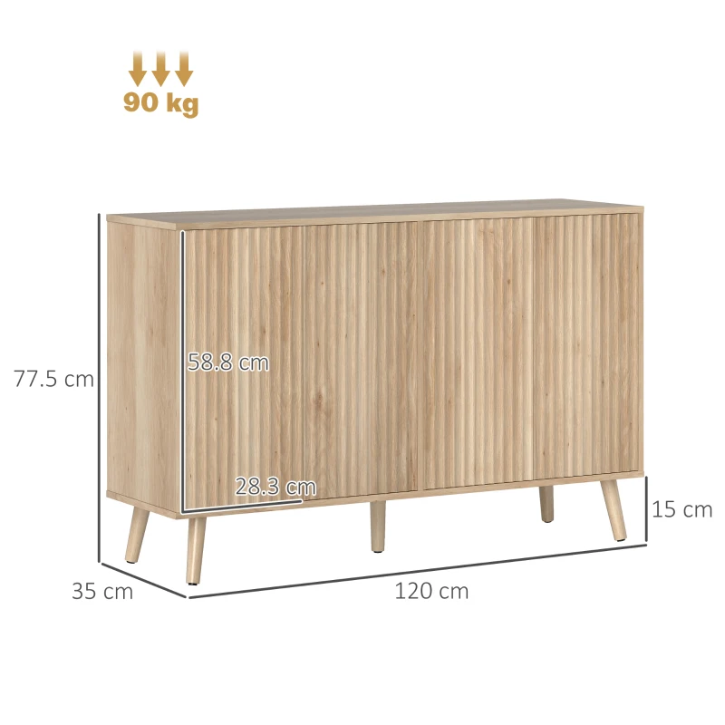 HOMCOM Credenza soggiorno, con 4 ante scanalate ad apertura a pressione 120 x 35 x 77,5 cm, Rovere