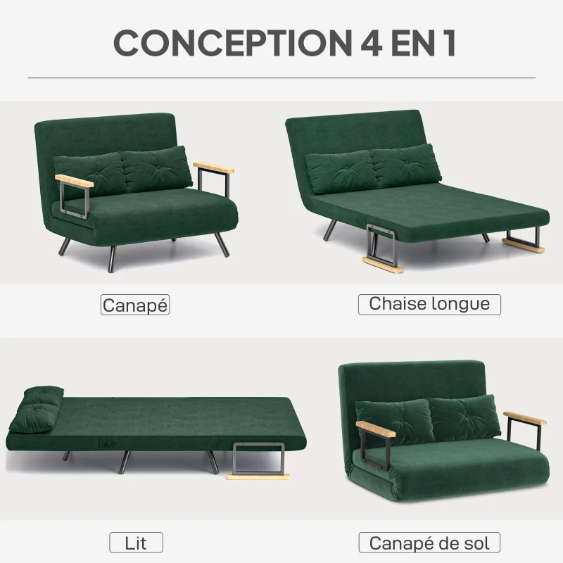 HOMCOM Canapé convertible 2 places 4 en 1, canapé-lit avec dossier réglable sur 5 niveaux, 2 coussins, 102 x 73 x 81 cm, vert