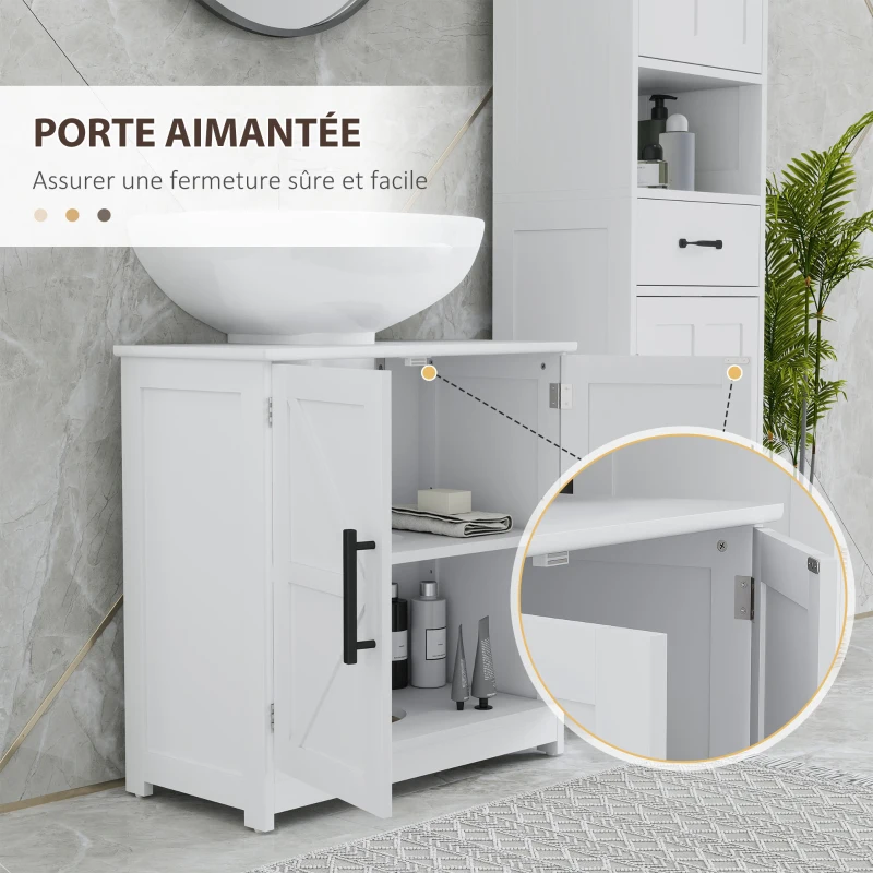 HOMCOM Meuble sous lavabo, meuble de salle de bain avec 2 portes magnétiques style grange et étagères, 60 x 30 x 60 cm, blanc