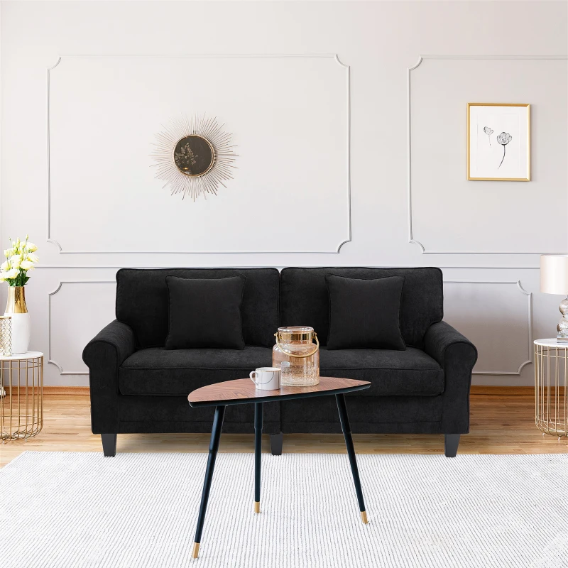 HOMCOM Canapé 3 places en tissu velours côtelé 197 cm  avec accoudoirs et dossier rembourrées 2 oreillers noir