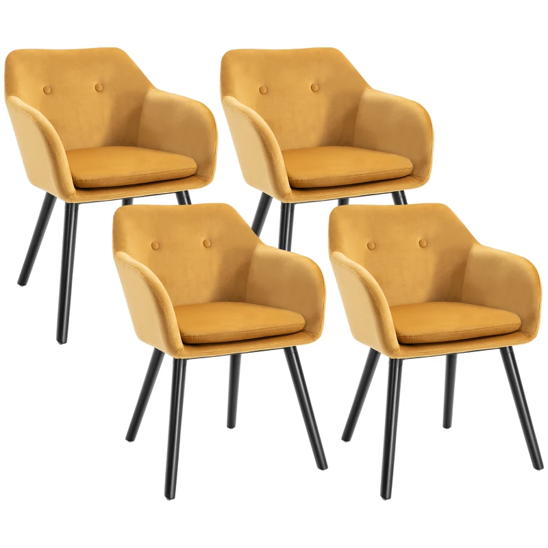 HOMCOM Chaises de Salle à manger Chaises de Visiteur scandinave - Lot de 4 - Pieds effilés Bois Noir - Velours Jaune Moutarde