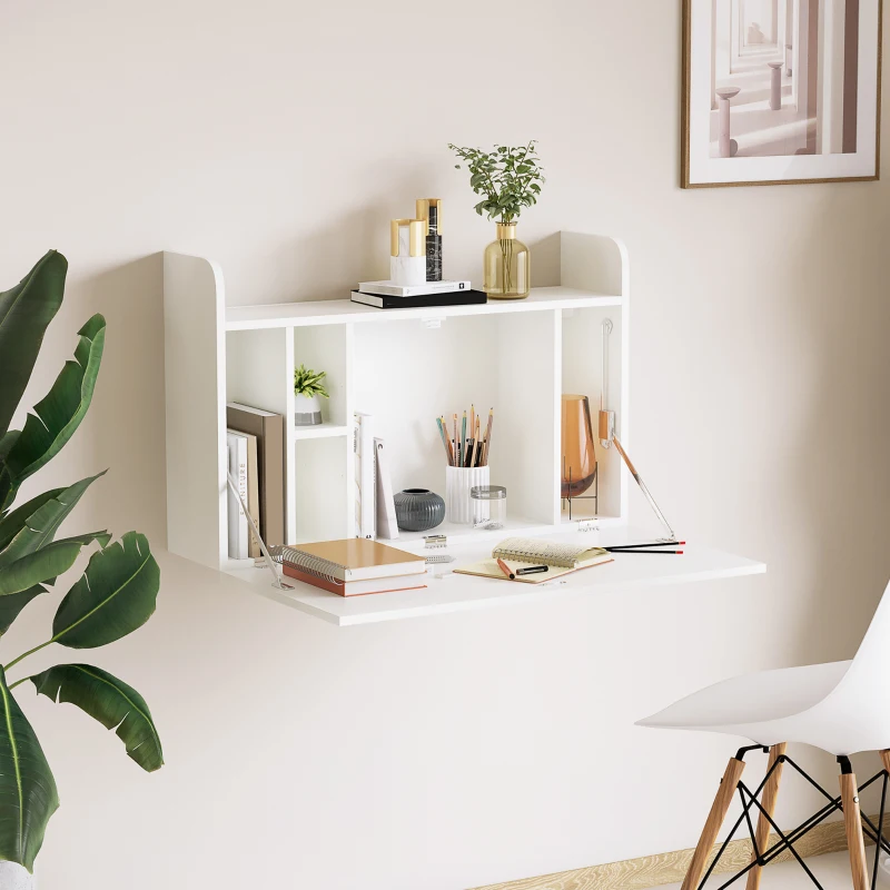 HOMCOM Bureau suspendu table murale table d'ordinateur murale et tablette rabattable avec rangements - 77 x 20 x 51 cm