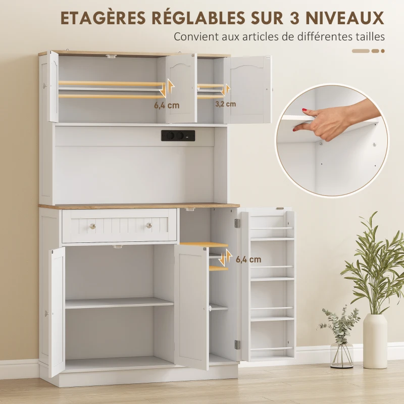 HOMCOM Buffet haut cuisine, armoire de cuisine, station de charge, 6 portes, plan de travail, porte-épices, 100x40x173cm, blanc