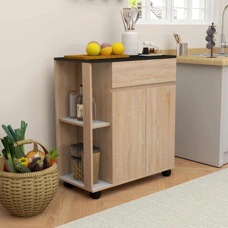 HOMCOM Chariot de service desserte de cuisine à roulettes multi-rangements placard double portes + 2 étagères + tiroir panneaux particules chêne noir