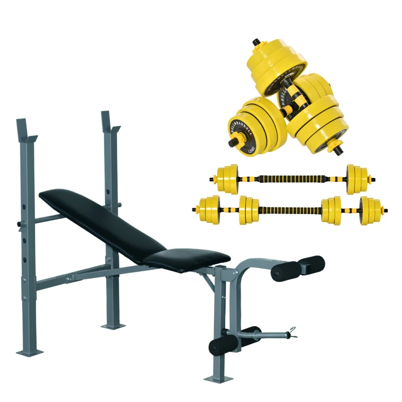 HOMCOM Banc de musculation Fitness banc d'haltérophilie dossier réglable + Ensemble d'haltères courtes ou longues 20 Kg barre d'extension incluse entraînement musculaire & haltérophilie