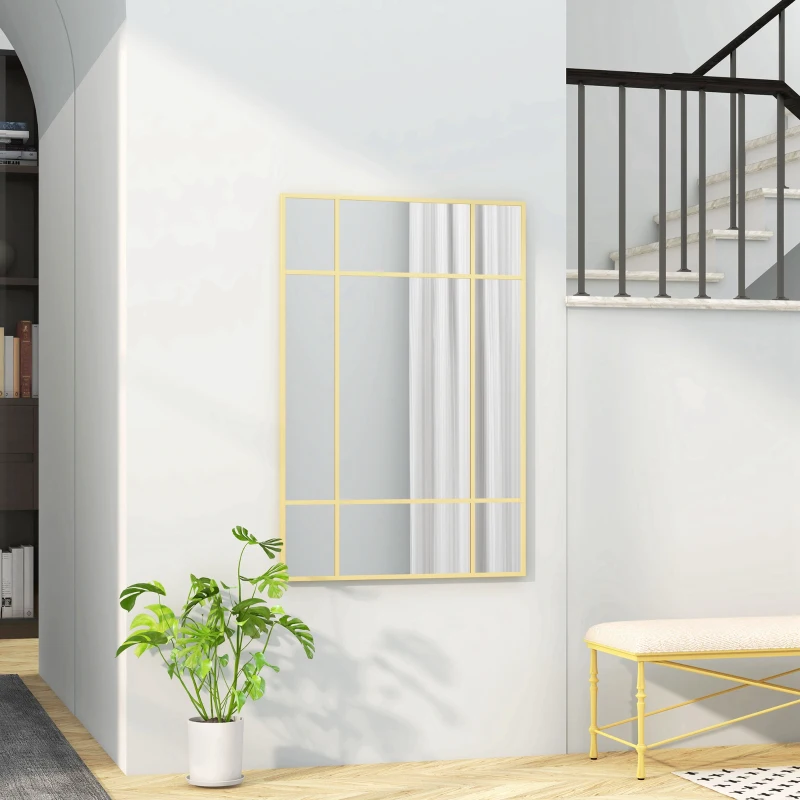 HOMCOM Miroir mural verrière rectangulaire style fenêtre, horizontal ou vertical avec 4 crochets, en métal doré - 90x60 cm