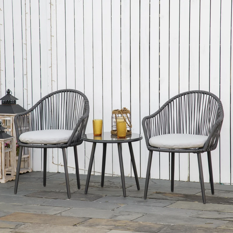 Outsunny Ensemble de jardin salon de jardin en résine tressée cadre en acier 2 fauteuils + 1 table basse coussins inclus gris