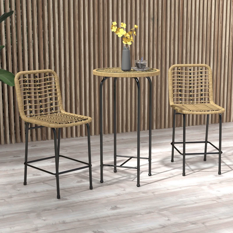 Outsunny Ensemble 3 pièces 1 table haute ronde design bohème + 2 tabourets ronds avec repose-pied en métal 2 personnes naturel