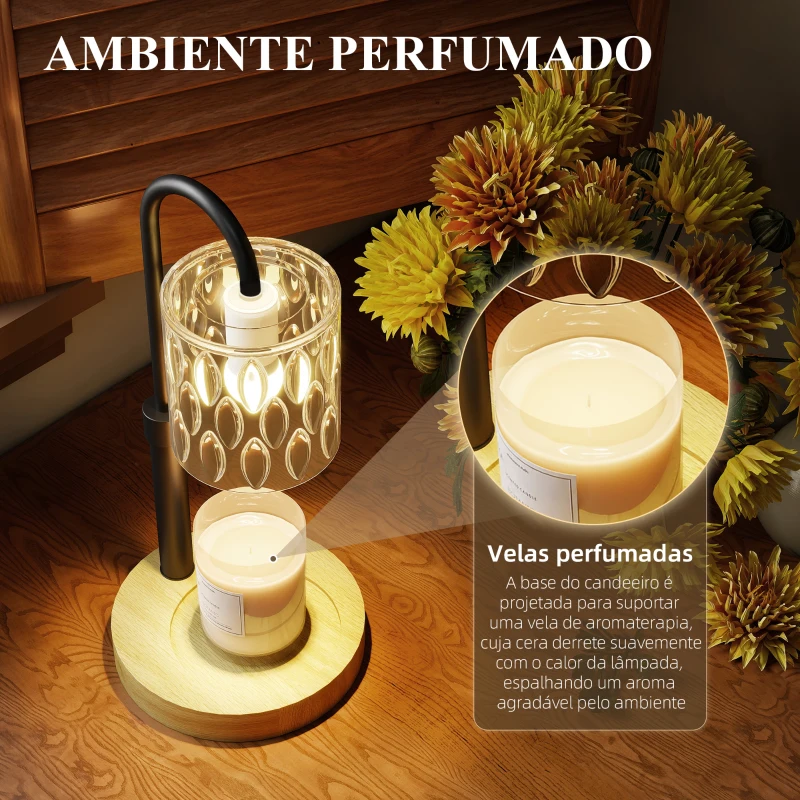 HOMCOM Candeeiro de Mesa Candeeiro Aquecedor de Vela com Base de Madeira Ecrã de Vidro Ø15x32,5 cm Multicor