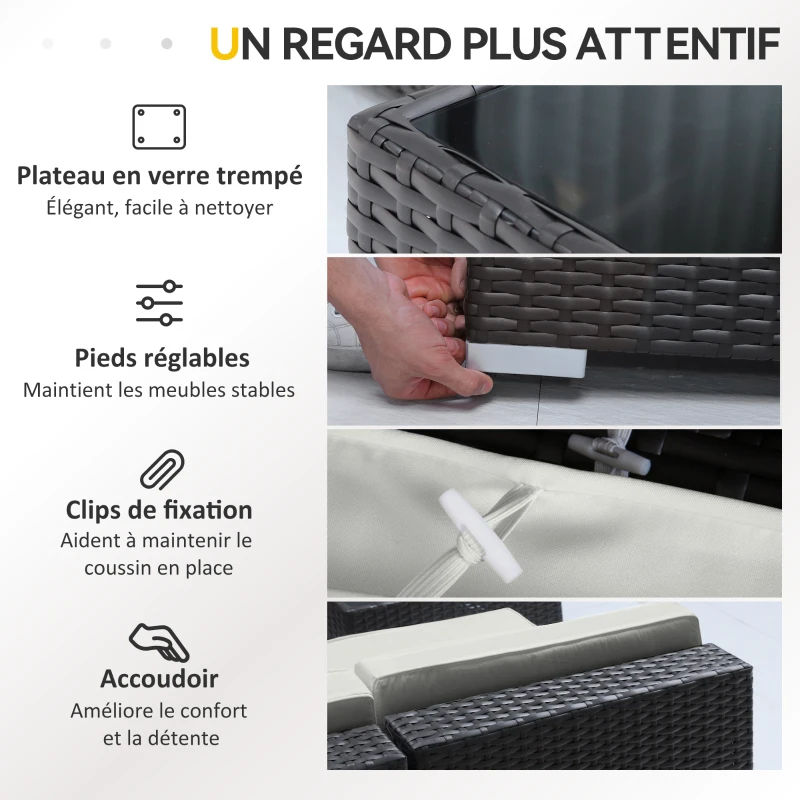 Outsunny Ensemble salon de jardin 7 pièces modulables, coussins déhoussables inclus, table basse avec plateau verre trempé, en résine tressée, brun foncé