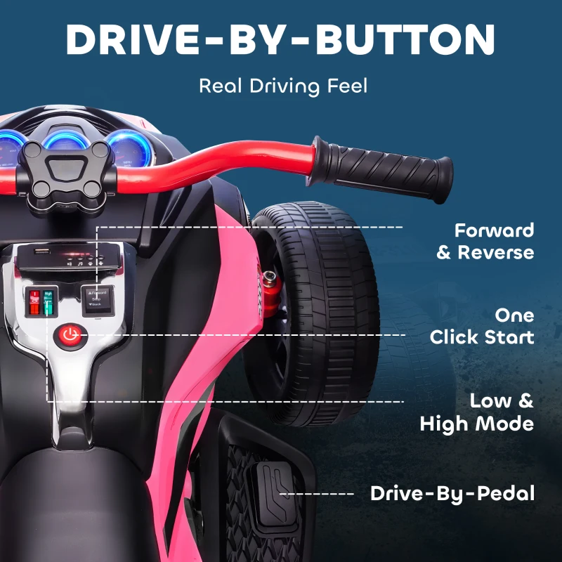 AIYAPLAY 12V Kids Electric Ride On Car with 3 Wheeler, MP3 Player, Horn, 2 Speeds, LED Lights for Boys & Girls Ages 3-8, Pink