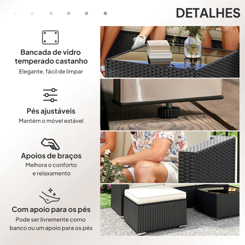 Outsunny Conjunto de Móveis de Vime de Jardim 3 Peças Sofá de 3 Lugares com Almofadas e Mesa de Centro com Bancada de Vidro Preto e Bege