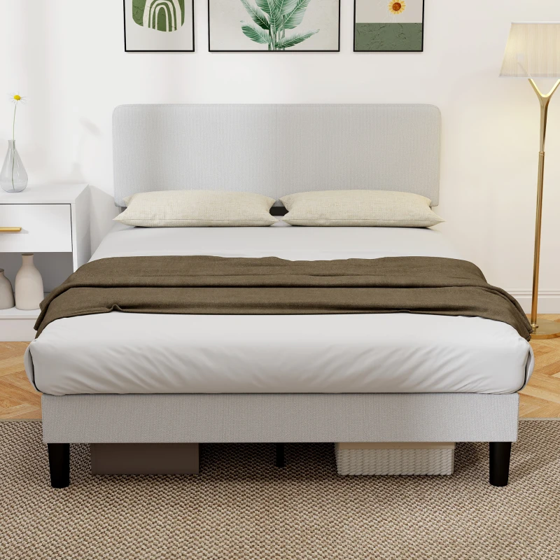 HOMCOM Structure de lit 140x200 cm avec tête de lit rembourrée réglable en hauteur et lattes, velours côtelé, Gris
