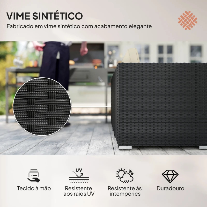 Outsunny Conjunto de Móveis de Vime de Jardim 3 Peças Sofá de 3 Lugares com Almofadas e Mesa de Centro com Bancada de Vidro Preto e Bege