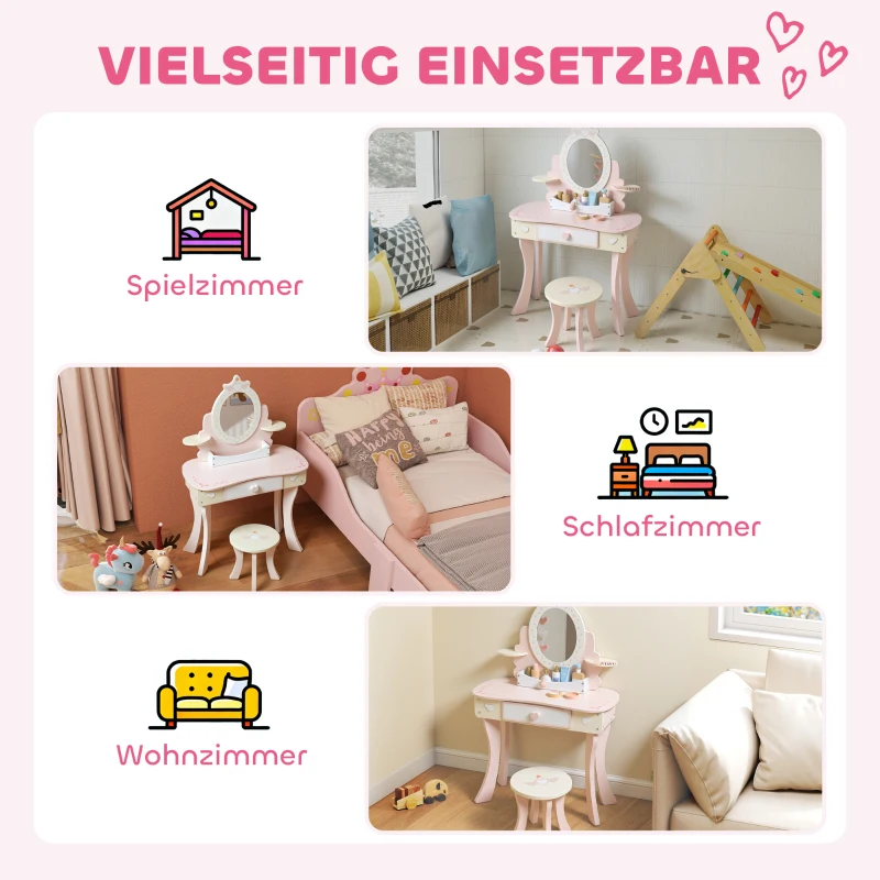 AIYAPLAY Kinderschminktisch, Stuhl, Schublade, abnehmbarer Spiegel, Kinderschreibtisch mit 7 Zubehörteilen, 2-in-1 Design, MDF, Rosa