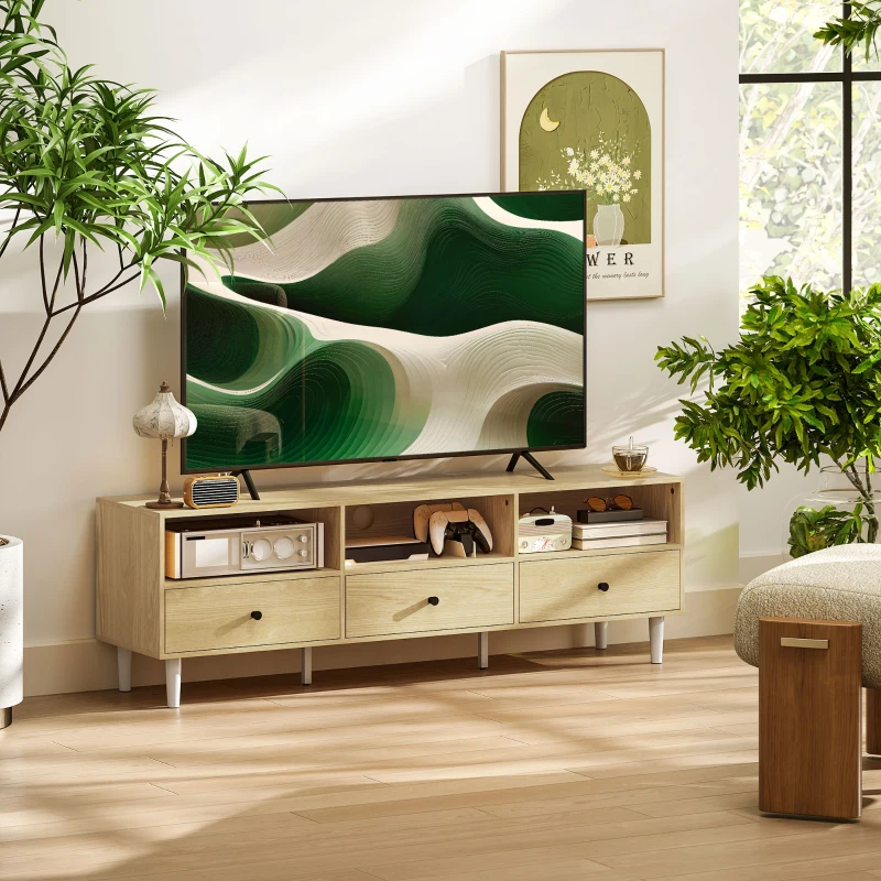 HOMCOM Meuble TV pour jusqu'à 75" avec 3 tiroirs, 3 étagères ouvertes et passe-câbles, 140 x 34 x 45 cm, bois naturel