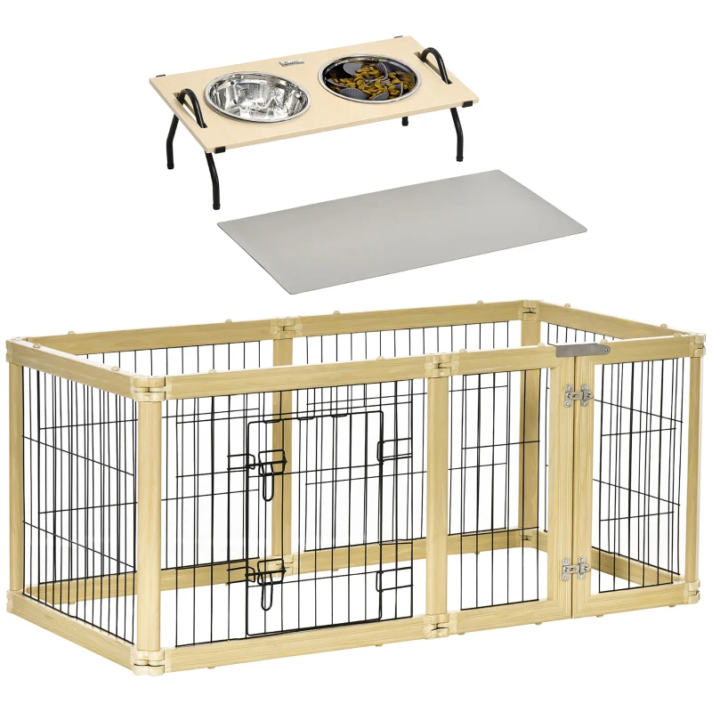 PawHut Parc enclos modulable et Gamelles chiens surélevées 6 panneaux porte verrouillable 2 bols amovibles chacun 1,1L et tapis