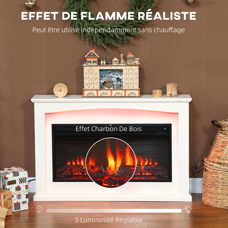 HOMCOM Cheminée électrique 1000W/2000W, fausse cheminée décorative, effet flamme à 5 luminosités réglables, 121x25x77cm, blanc(m-4)