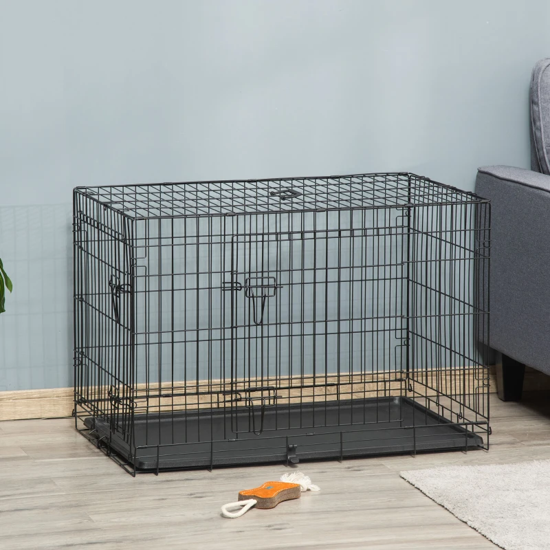 PawHut Lot de 2 cages pour chiens caisse de transport pliante pour chien en acier noir 92 x 57 x 62,5 cm