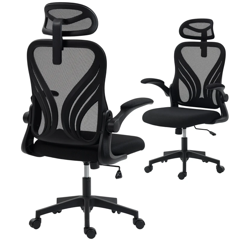 HOMCOM Silla de Oficina Ergonómica con Reposabrazos Abatibles, Soporte Lumbar y Reposacabezas Regulable, Negro