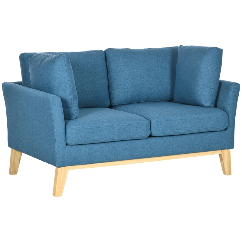 HOMCOM Canapé 2 places fauteuil salon design scandinave pieds en bois massif tissu imitaion lin 137 x 78 x 78 cm bleu