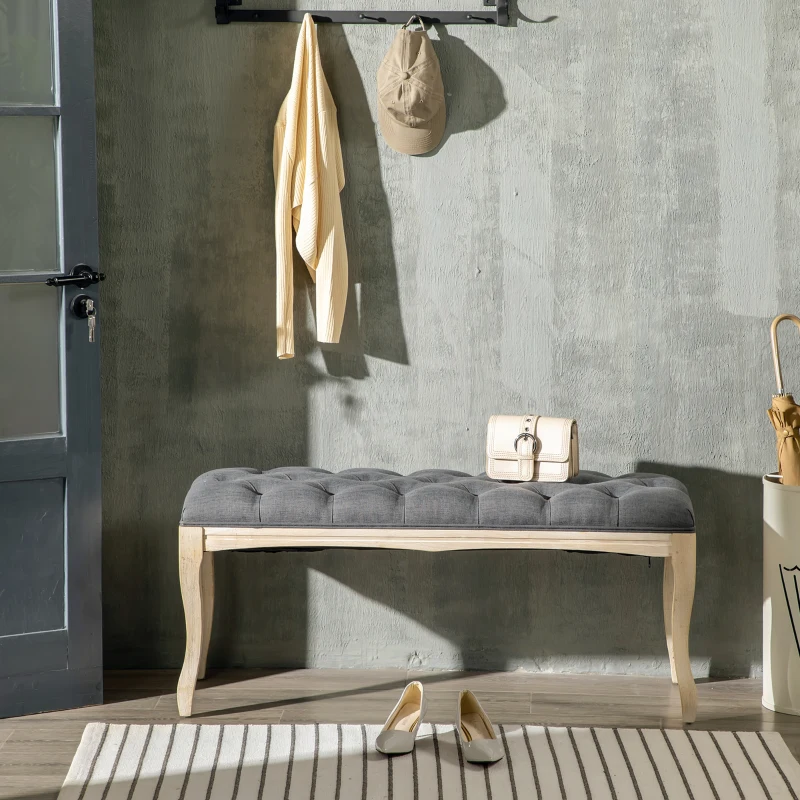 HOMCOM Banc Banquette capitonnée Style Classique 110 cm Bout de lit Rembourrée en lin piètement Bois hévéa sculpté Lin Gris