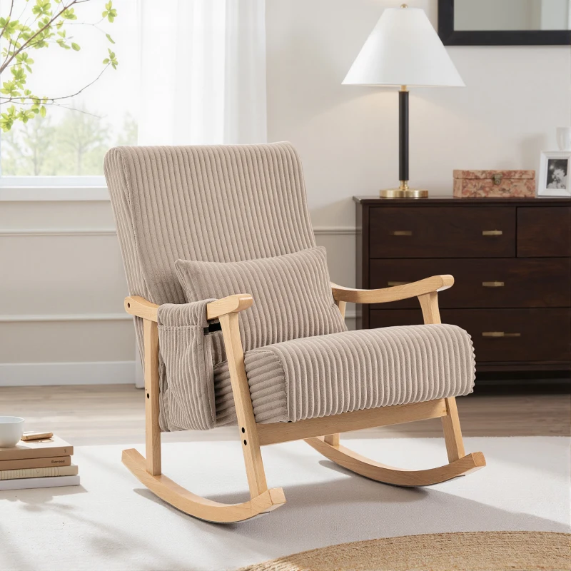 HOMCOM Silla Mecedora de Pana con Cojín Lumbar Patas y Reposabrazos de Madera de Caucho Bolsillo Estilo Moderno Marrón Claro