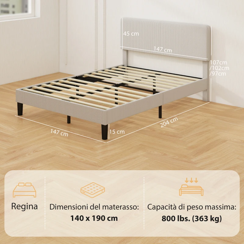 HOMCOM Structure de lit 140x200 cm avec tête de lit rembourrée réglable en hauteur et lattes, velours côtelé, Gris