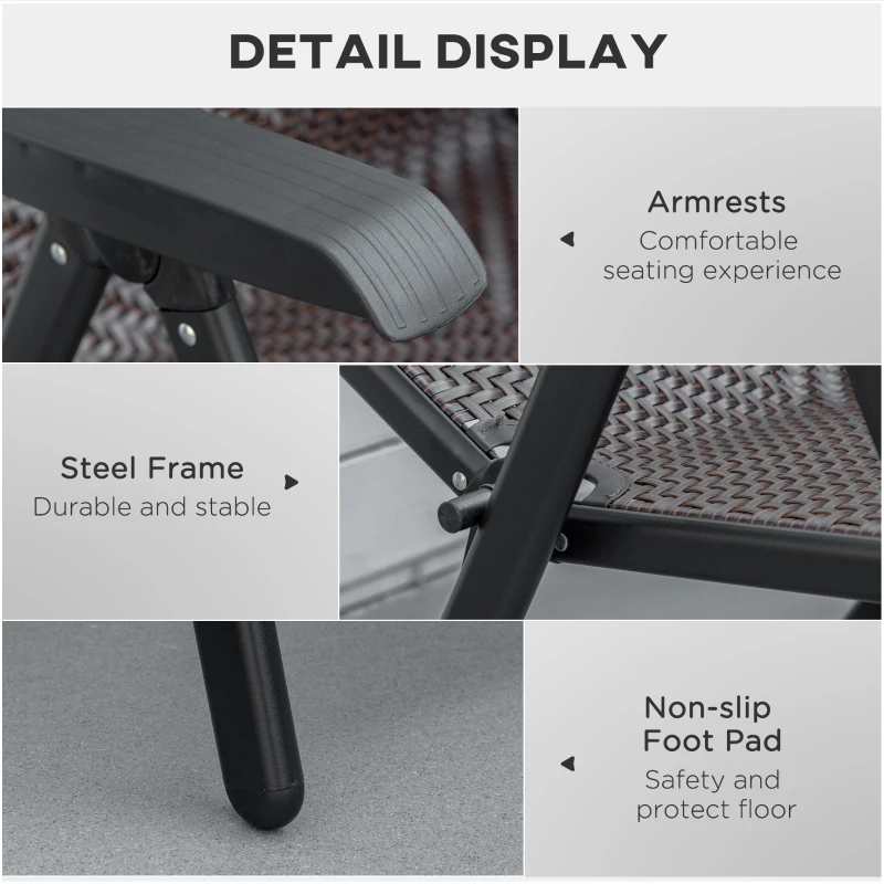 Outsunny Set of Two Folding Garden Chairs, with Seven-Position Adjustable Backs - Brown