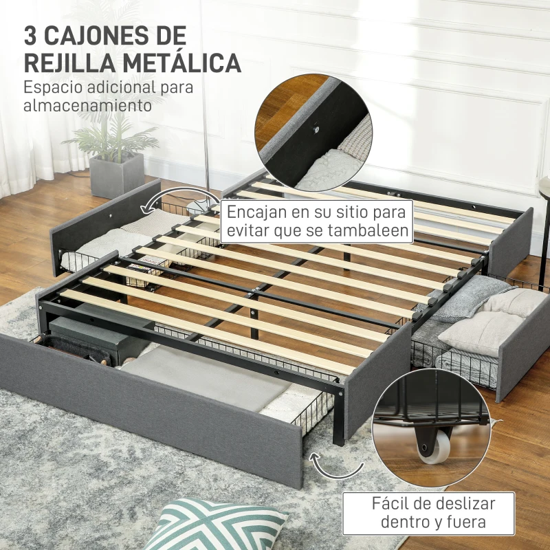 HOMCOM Cama Doble 140x190 cm Somier con 3 Cajones y Estructura de Metal Carga 363 kg Gris