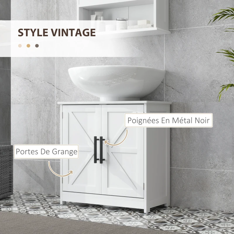 HOMCOM Meuble sous lavabo, meuble de salle de bain avec 2 portes magnétiques style grange et étagères, 60 x 30 x 60 cm, blanc