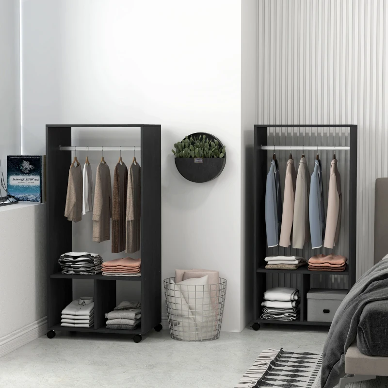 HOMCOM Lot de 2 portants à vêtements penderie mobile avec roulettes 2 niches + Grand Espace penderie en bois noir