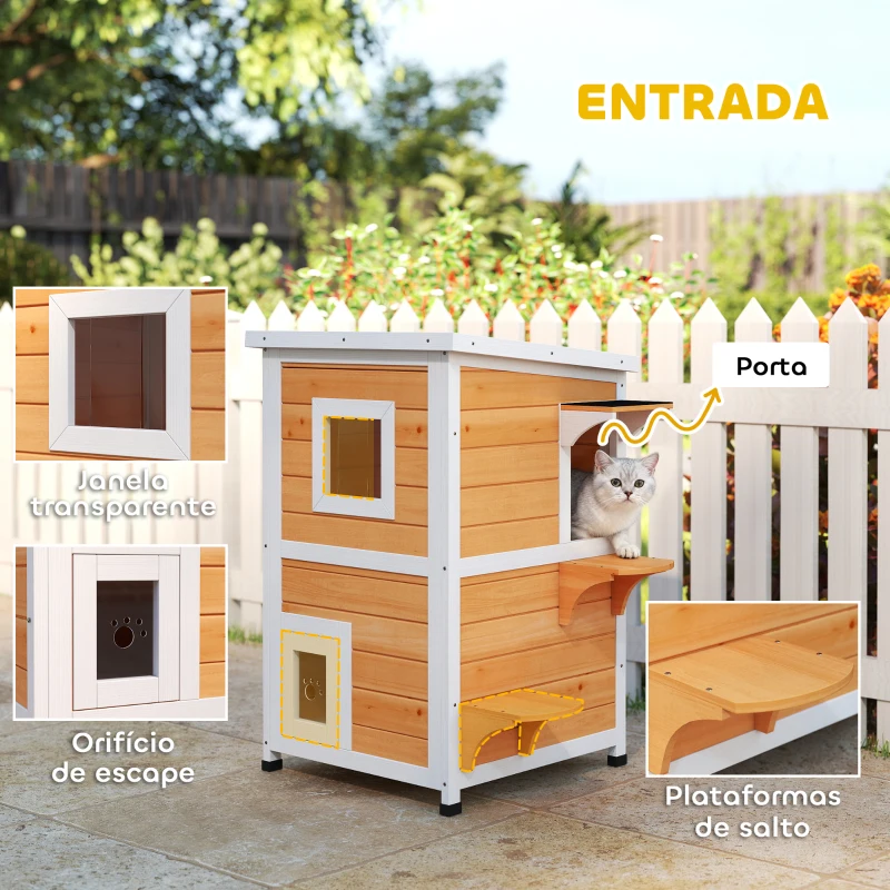 PawHut Casa para Gatos Exterior em Madeira 2 Níveis com Telhado Basculante Painel Central Removível  51x51x81,3 cm Madeira