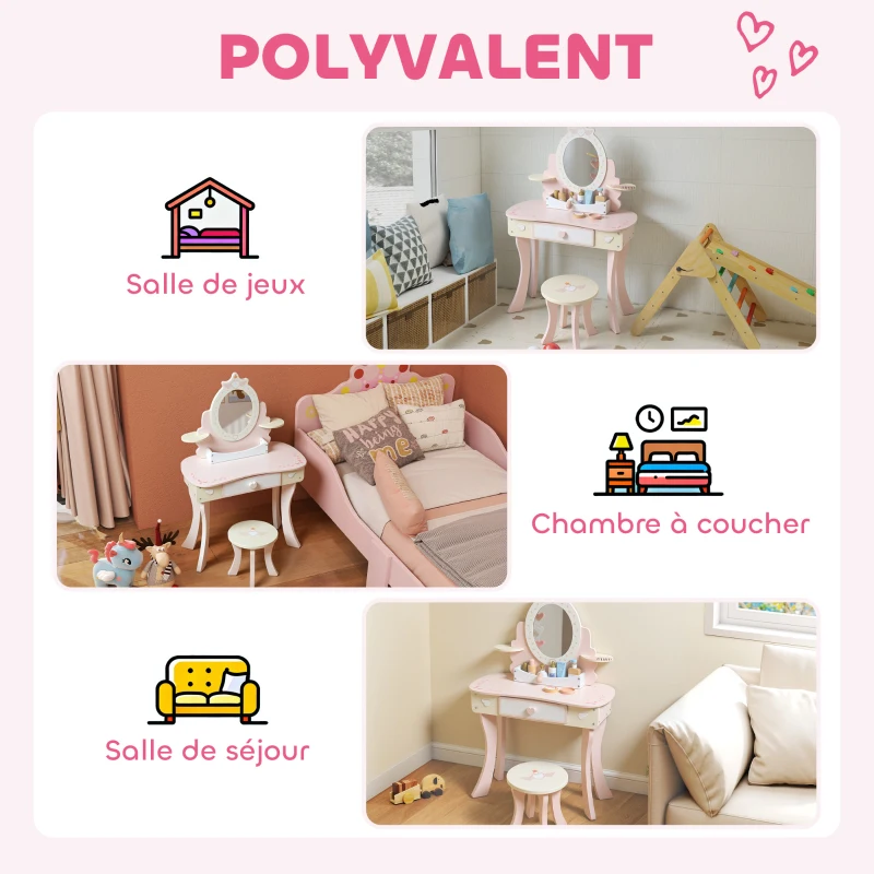 AIYAPLAY Coiffeuse enfant fille table de maquillage 2 en 1 avec 7 accessoires de jeu miroir en acrylique 59,8x29,6x89,8cm rose