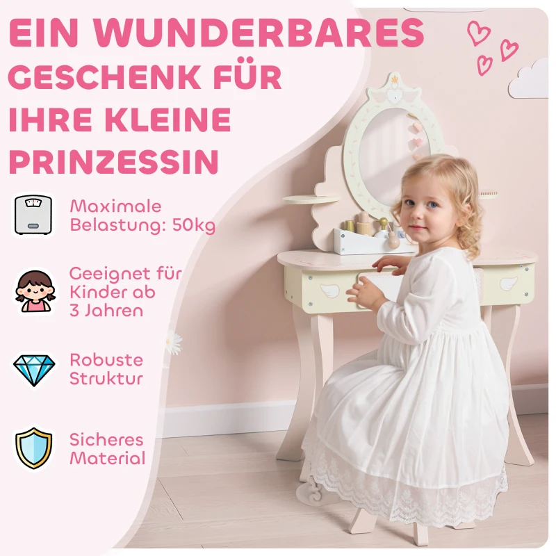 AIYAPLAY Kinderschminktisch, Stuhl, Schublade, abnehmbarer Spiegel, Kinderschreibtisch mit 7 Zubehörteilen, 2-in-1 Design, MDF, Rosa